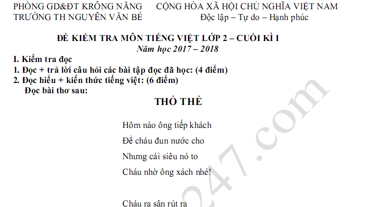 Đề kiểm tra kì 1 lớp 2 môn Tiếng Việt 2017 - TH Nguyễn Văn Bé