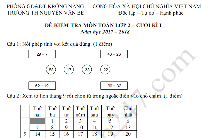 Đề thi học kì 1 lớp 2 môn Toán - TH Nguyễn Văn Bé 2017 - 2018