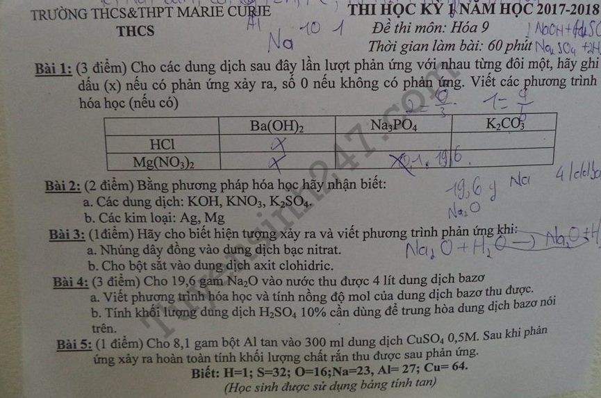 Đề thi học kì 1 lớp 9 môn Hóa - trường THCS Marie Curie 2017 - 2018