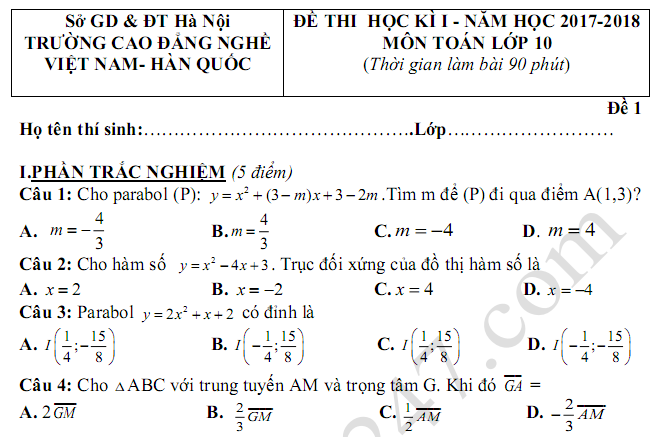 Đề thi cuối học kì 1 lớp 10 môn Toán 2017  - CĐ nghề VN Hàn Quốc