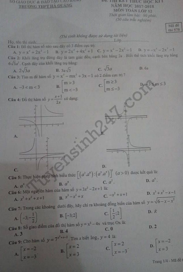 Đề thi học kì 1 lớp 12 môn Toán - THPT Hà Quảng 2017 - 2018