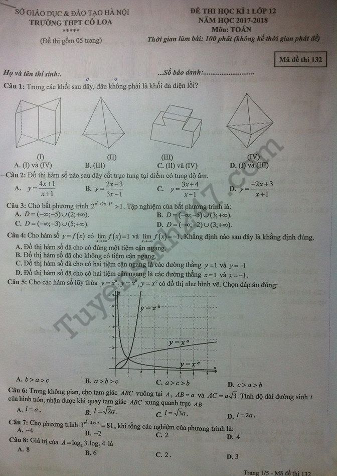 Đề thi học kì 1 lớp 12 môn Toán- THPT Cổ Loa năm 2017 - 2018