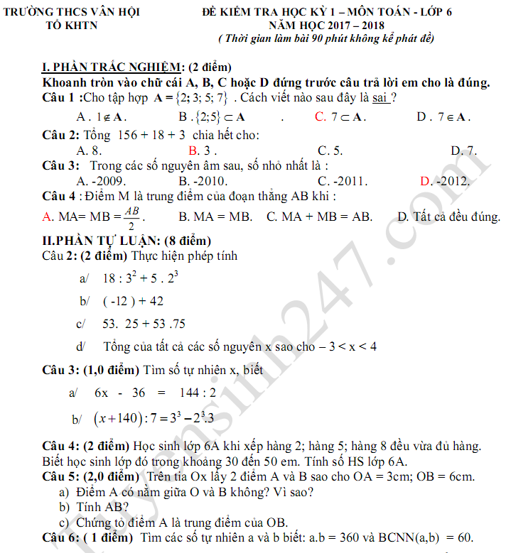 Đề thi học kì 1 môn Toán lớp 6 năm 2017 - trường THCS Vân Hội