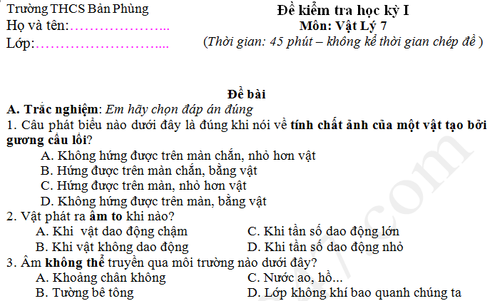 Đề thi học kì 1 lớp 7 môn Lý - THCS Bản Phùng 2017 - 2018