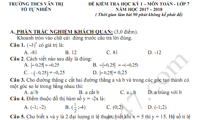 Đề kiểm tra học kì 1 lớp 7 môn Toán 2017 - 2018 - THCS Vân Trị