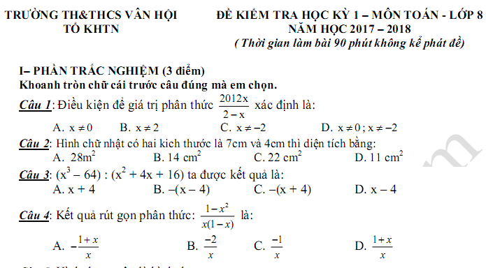 Đề thi học kì 1môn Toán lớp 8  - THCS Vân Hội năm học 2017 - 2018