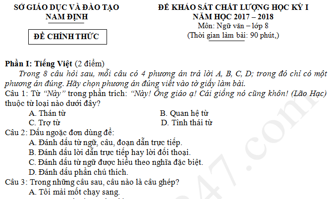 Đề thi học kì 1môn Văn lớp 8 năm 2017 - 2018 Sở GD Nam Định