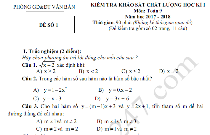 Đề kiểm tra cuối kì 1 lớp 9 môn Toán 2017 - 2018 trường THCS Văn Bàn