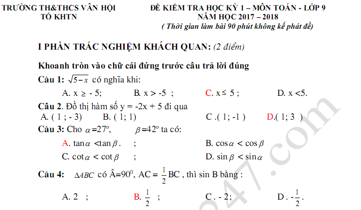 Đề thi học kì 1 lớp 9 môn Toán THCS Vân Hội năm 2017 - 2018