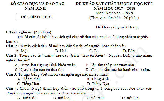 Đề thi học kì 1 lớp 9 môn Văn - Sở GD Nam Định năm 2017 có đáp án
