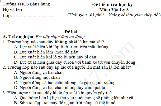 Đề thi học kì 1 lớp 8 môn Lý - THCS Bản Phùng 2017 - 2018