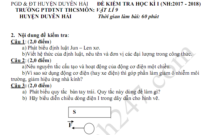 Đề kiểm tra học kì 1 lớp 9 môn Lý 2017 - 2018 - THCS huyện Duyên Hải