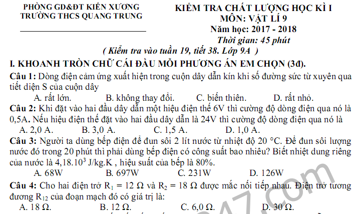 Đề kiểm tra học kì 1 lớp 9 môn Lý - THCS Quang Trung năm 2017 - 2018