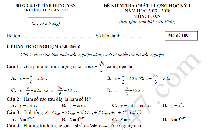 Đề kiểm tra học kì 1 lớp 12 môn Toán THPT Ân Thi năm 2017 - 2018