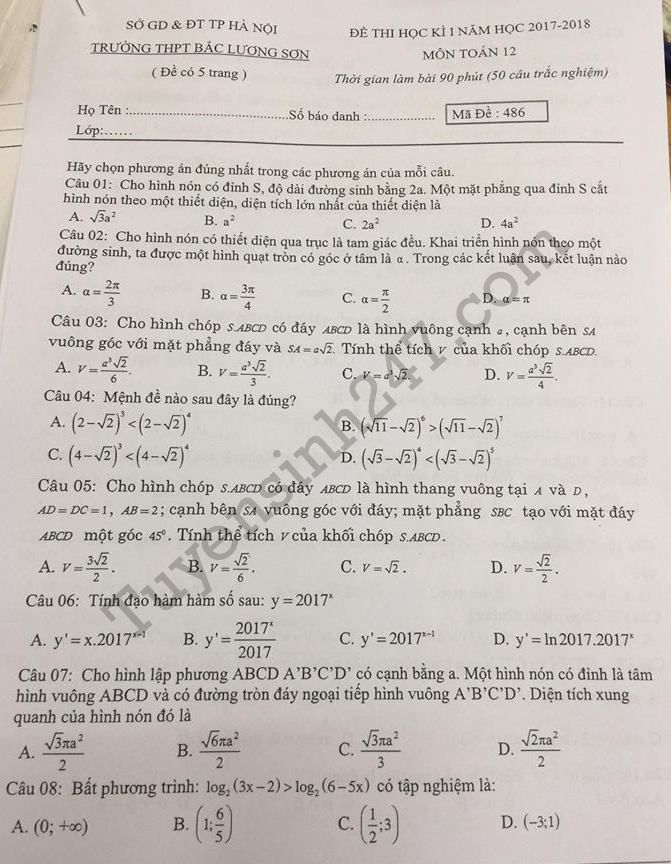 Đề thi kì 1 lớp 12 môn Toán 2017 - 2018 - trường THPT Bắc Lương Sơn