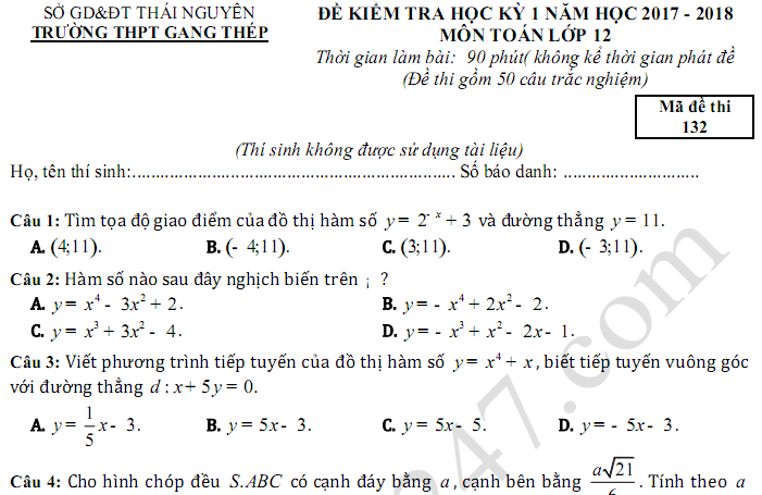 Đề kiểm tra kì 1 môn Toán lớp 12 - THPT Gang Thép năm 2017 - 2018