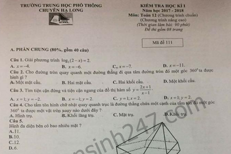 Đề thi kì 1 lớp 12 môn Toán - THPT Chuyên Hạ Long 2017 - 2018