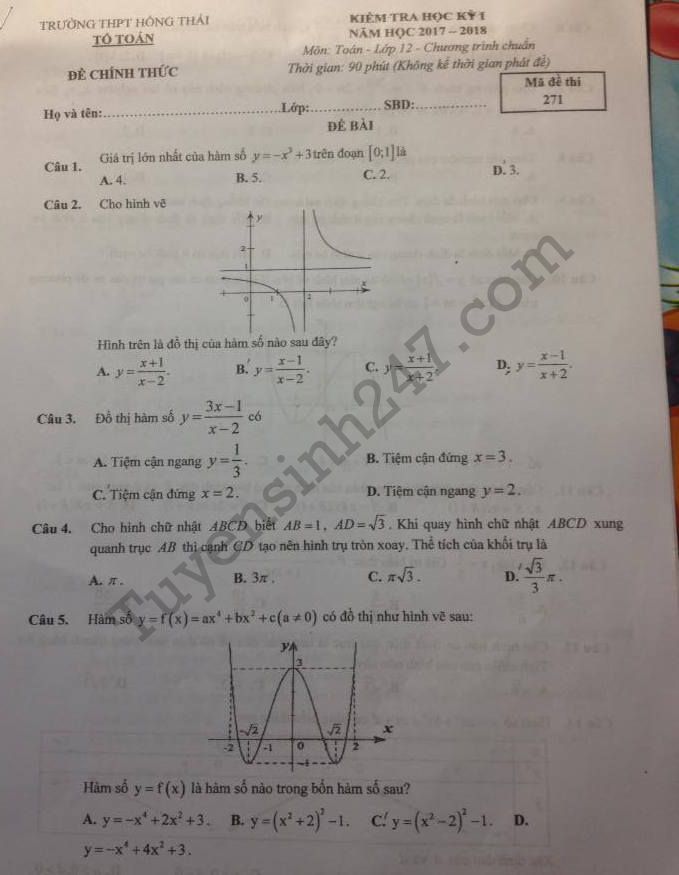 Đề thi kì 1 môn Toán lớp 12 THPT Hồng Thái năm học 2017 - 2018