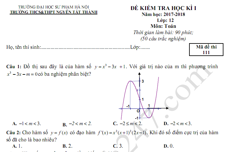 Đề thi học kì 1 năm 2017 lớp 12 môn Toán - THPT Nguyễn Tất Thành