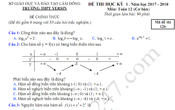 Đề thi học kì 1 lớp 12 môn Toán năm 2017 - trường THPT Yersin