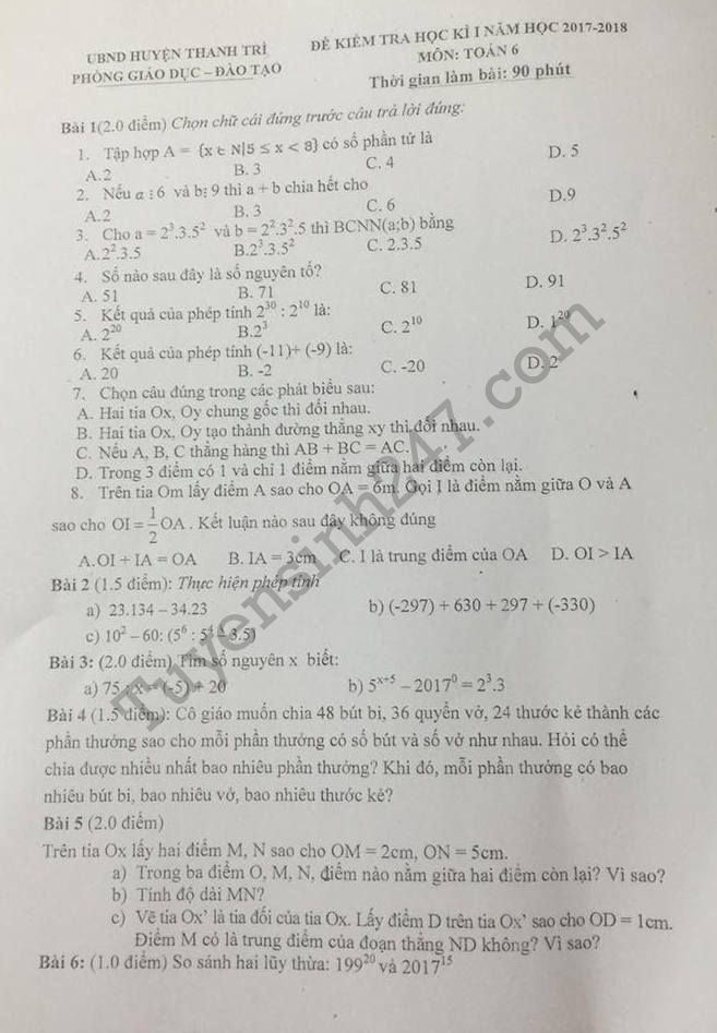 Đê thi học kì 1 năm 2017 lớp 6 môn Toán - Phòng GD Thanh Trì