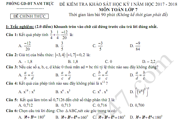 Đề thi cuối kì 1 lớp 7 môn Toán - Nam Trực năm 2017 - 2018