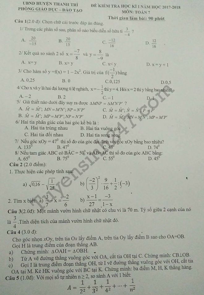 Đề thi kì 1 lớp 7 môn Toán - Phòng GD Thanh Trì năm 2017-2018