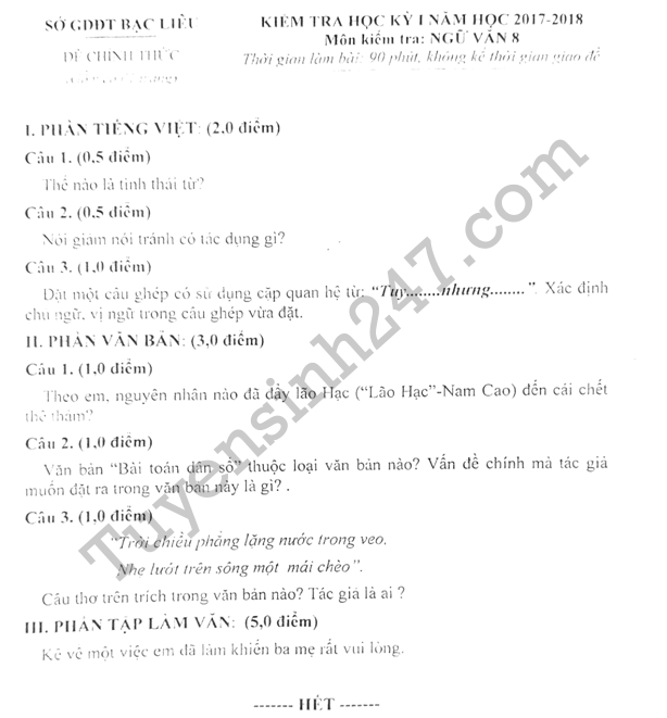 Đề thi học kì 1 năm 2017-2018 lớp 8 môn Văn - Sở GD Bạc Liêu