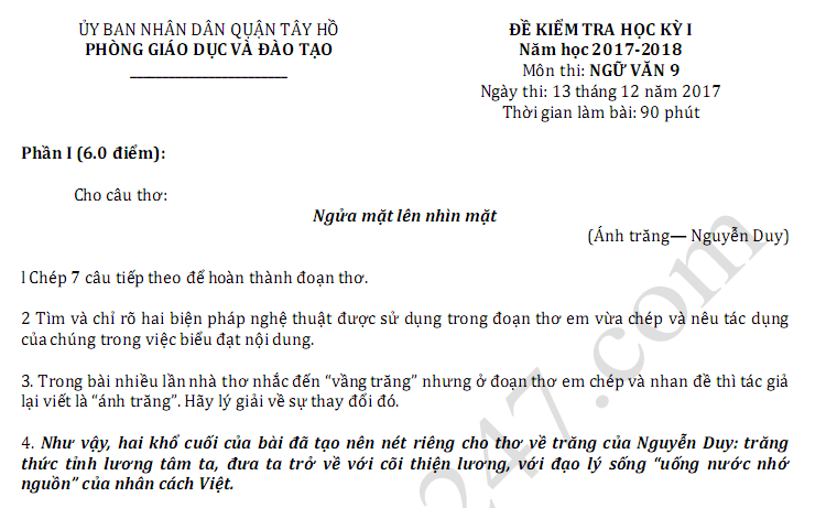 Đề thi cuối học kì 1 môn Văn lớp 9 - Quận Tây Hồ năm 2017 - 2018