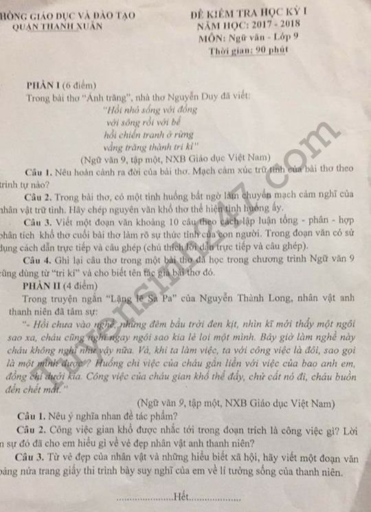 Đề thi học kì 1 môn Văn lớp 9 năm 2017 - 2018 Quận Thanh Xuân