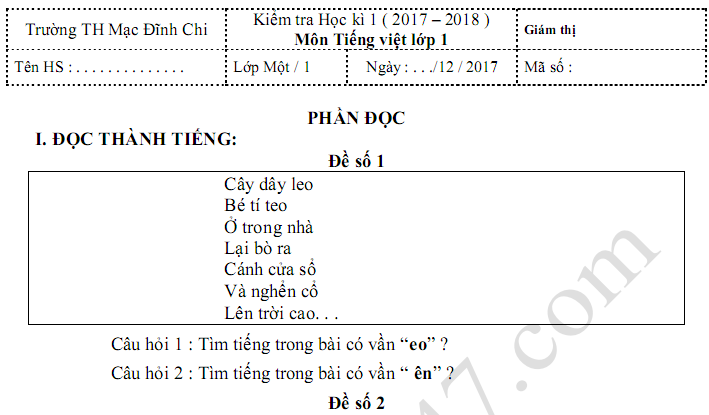 Đề thi học kì 1 lớp 1 môn Tiếng Việt - TH Mạc Đĩnh Chi năm 2017