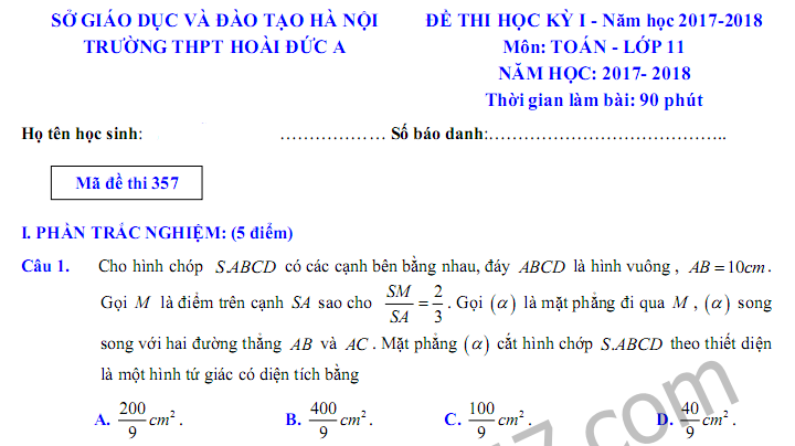 Đề thi học kì 1 năm 2017 lớp 11 môn Toán - THPT Hoài Đức A