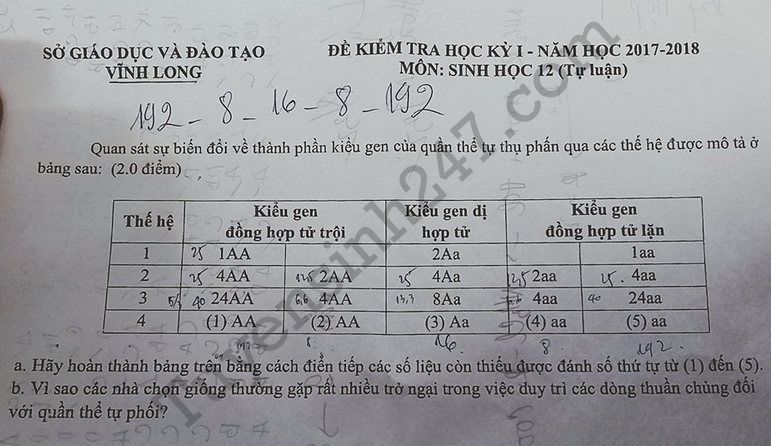 Đề kiểm tra kì 1 môn Sinh lớp 12 - Sở GD Vĩnh Long năm 2017