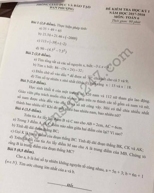 Đề kiểm tra kì 1 lớp 6 môn Toán Phòng GD Đan Phượng 2017