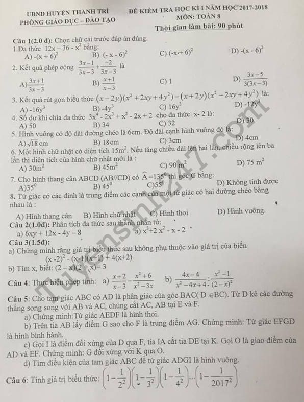 Đề thi học kì 1 môn Toán lớp 8  - Phòng GD Thanh Trì 2017 - 2018