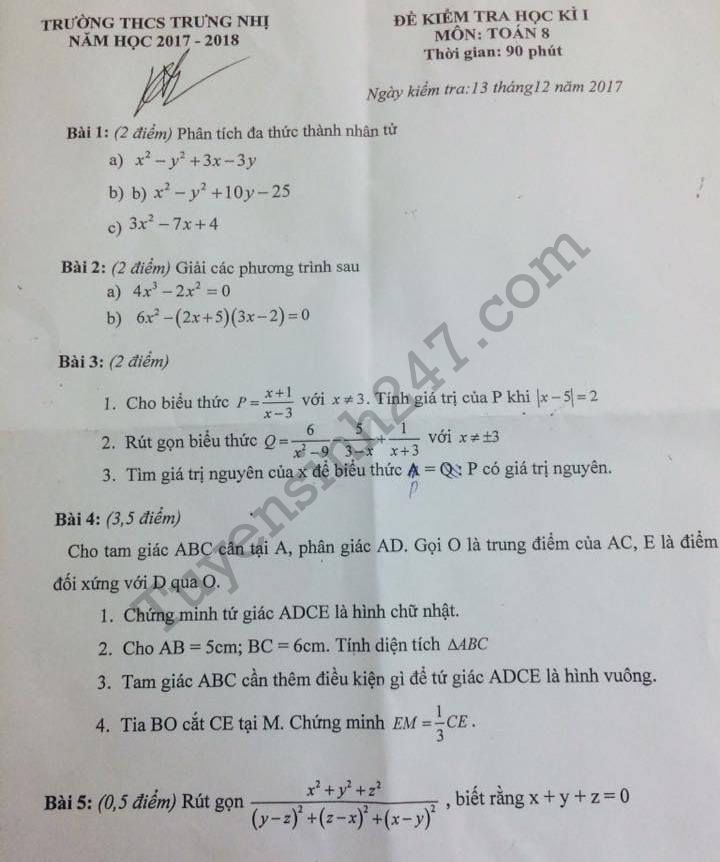 Đề kiểm tra học kì 1 lớp 8 môn Toán - trường THCS Trưng Nhị năm 2017