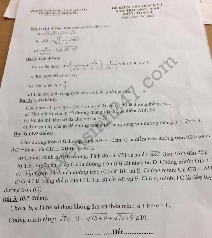 Đề thi kì 1 lớp 9 môn Toán - Phòng GD Đan Phượng năm 2017-2018