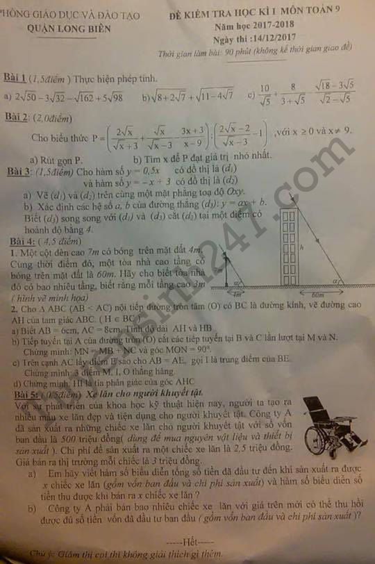 Đề thi kì 1 môn Toán lớp 9 - Quận Long Biên, Hà Nội năm 2017 - 2018