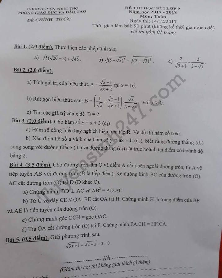 Đề kiểm tra chất lượng học kì 1 lớp 9 môn Toán - Huyện Phúc Thọ 2017