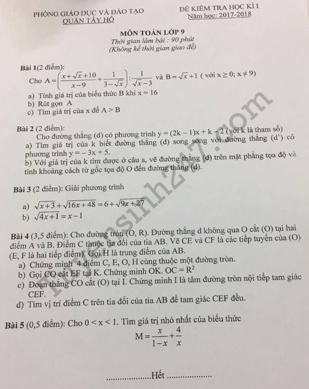 Tham khảo đề thi học kì 1 lớp 9 môn Toán quận Tây Hồ năm 2017-2018