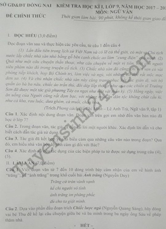 Đề thi cuối kì 1 lớp 9 môn Văn - Sở GD Đồng Nai 2017 - 2018 