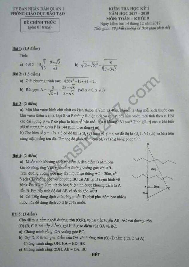 Đề kiểm tra học kì 1 lớp 9 môn Toán năm 2017 - 2018 - Quận 1