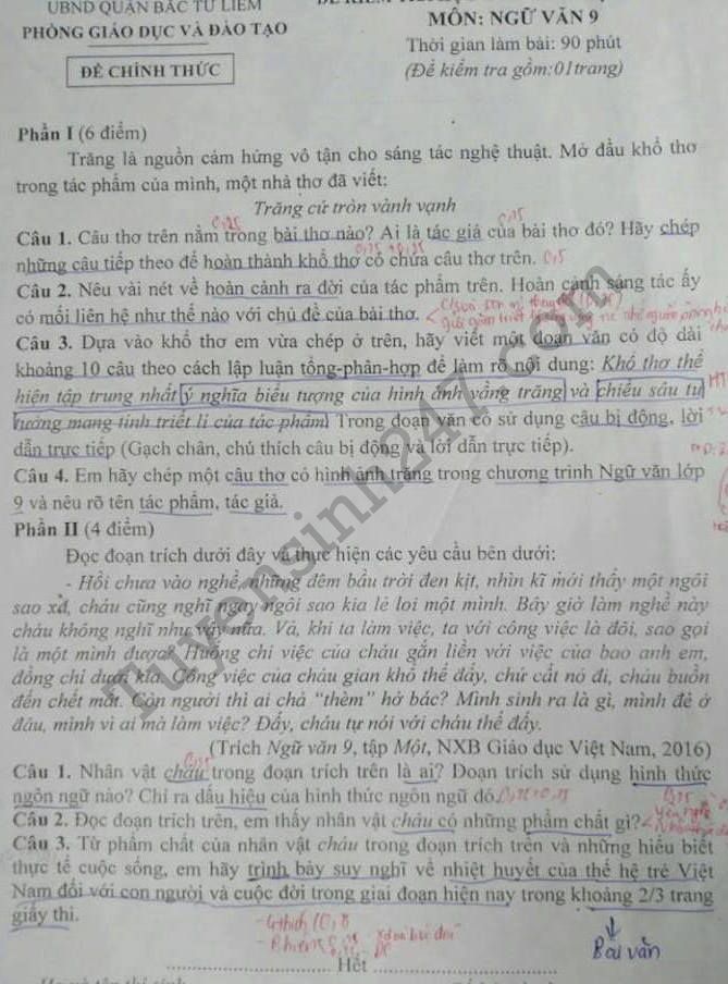 Đề thi học kì 1 năm 2017 - 2018 môn Văn lớp 9 quận Bắc Từ Liêm