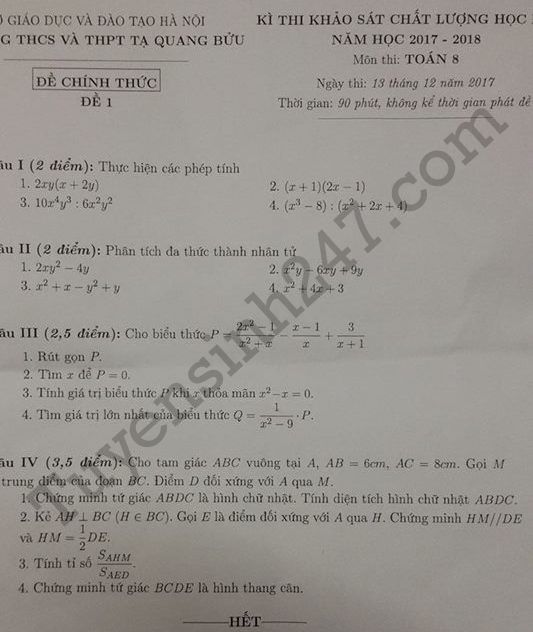 Đề thi kì 1 môn Toán lớp 8 - THCS Tạ Quang Bửu năm 2017