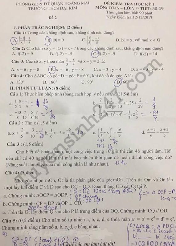 Đề kiểm tra học kì 1 lớp 9 môn Toán - THCS Đại Kim 2017