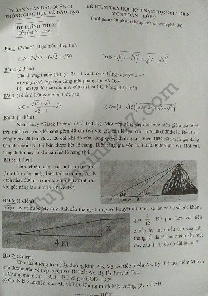 Đề kiểm tra cuối kì 1 môn Toán lớp 9 Quận 11 năm 2017 - 2018