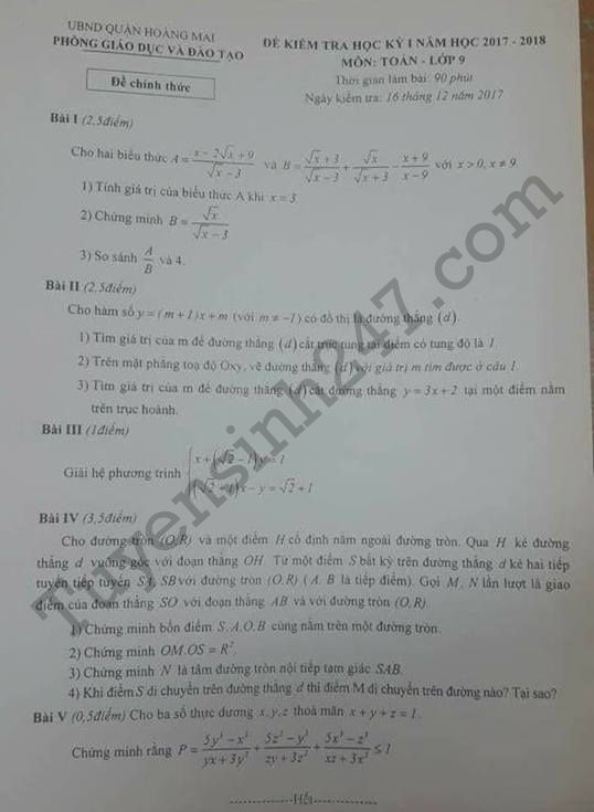 Đề kiểm tra cuối kì 1 lớp 9 môn Toán - Quận Hoàng Mai 2017