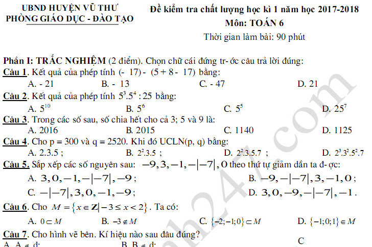 Đề thi học kì 1 năm 2017 lớp 6 môn Toán - Phòng GD Vũ Thư