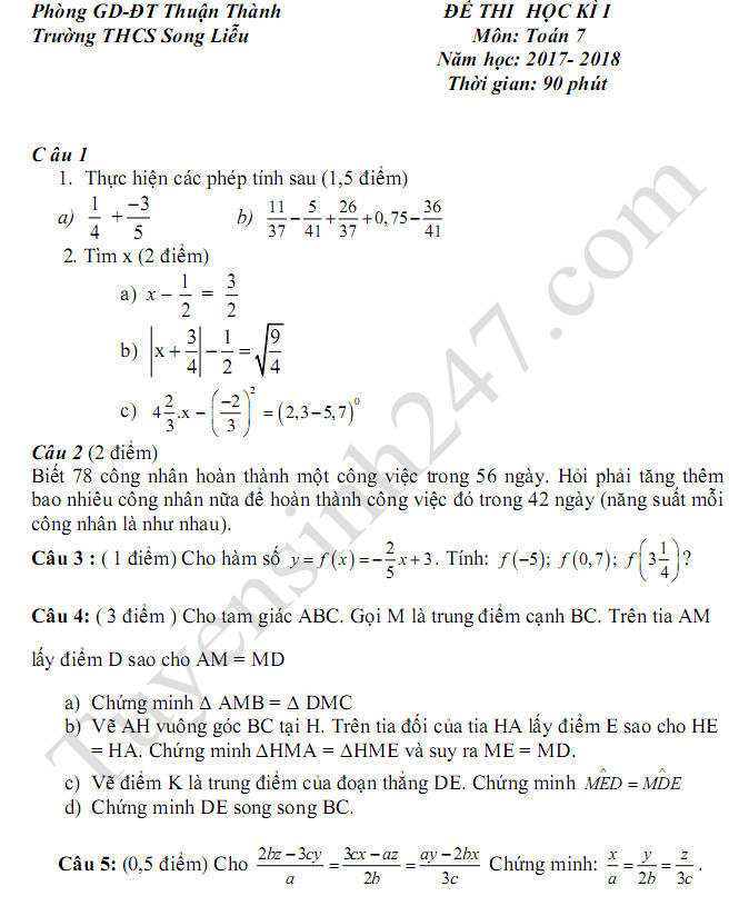 Đề thi kì 1 lớp 7 môn Toán - trường THCS Song Liễu năm 2017