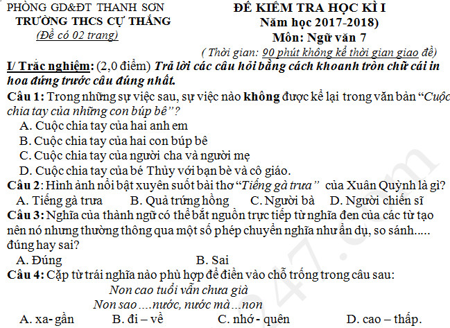 Đề thi học kì 1 lớp 7 môn Văn 2017 - 2018 trường THCS Cự Thắng